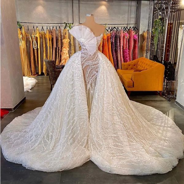 

luxury mermaid wedding dresses sleeveless bateau 3d lace hollow appliques sequins beaded detachable train floor length plus size bridal gown, White