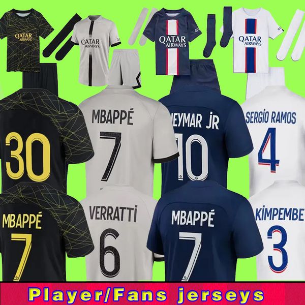 

soccer jerseys player 30 10 mbappe 7 soccer jersey hakimi sergio ramos psgs 22 23 maillots football shirt 2022 2023 men kids kit sets unifor, Black;yellow