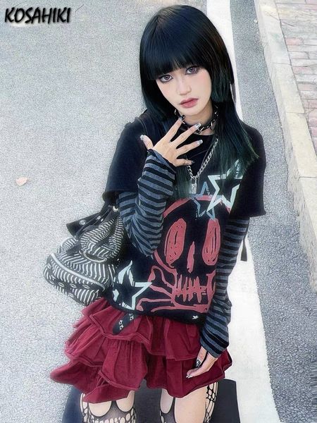 

women's t-shirt kosahiki japanese y2k aesthetic long sleeve graphic t shirt women kawaii cartoon print ripped hollow t-shirt harajuku g, White