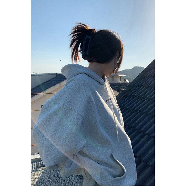 

womens hoodies sweatshirts korean fashion grey fleece thicken baggy pullover pocket letter printing sweatshirt lazy casual raglan sleeves ho, Black
