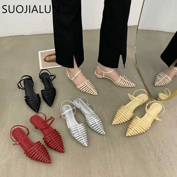 

sandals suojialun 2022 new brand pointed toe women sandal fashion narrow band hollow out slingback shoes round low heel eelgant pumps t23020, Black