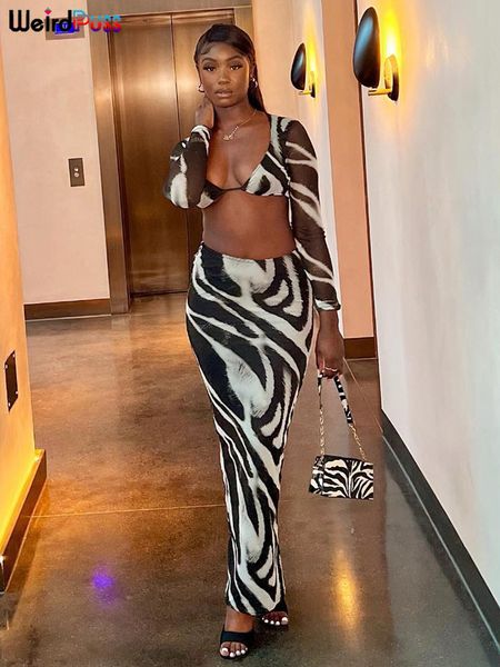 

two piece dress weird puss zebra print 2 set long sleeve elegant fashion cut crop axi skirts matching slim coquette clubwear outfits 230210, White