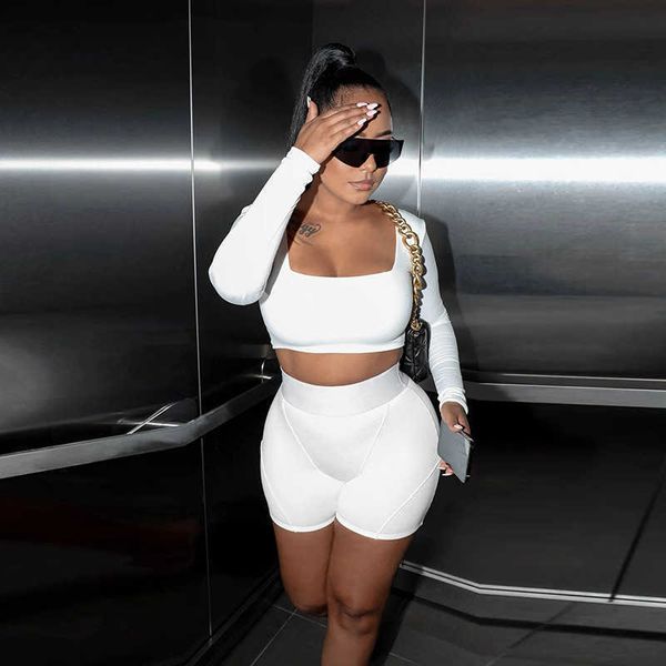 

women's pants capris wind 2022 spring women's new umbilical slim fit long sleeve high waist wrapped hip shorts set women t230210, Black;white