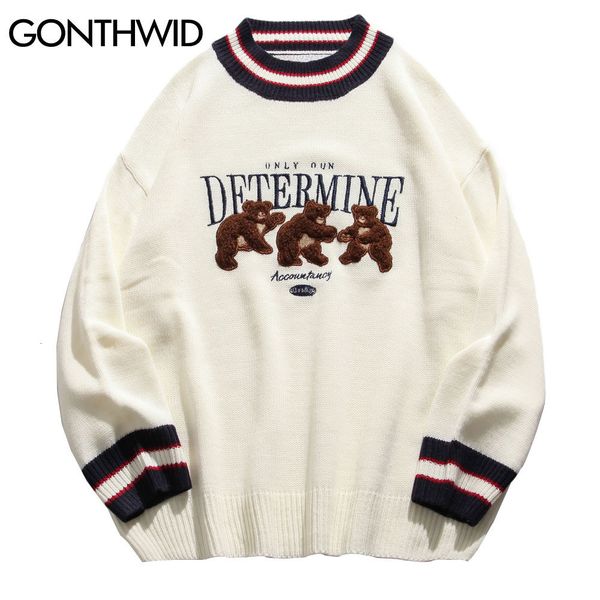 

men's sweaters gonthwid bear patchwork striped knitted jumpers streetwear hip hop harajuku casual pullover knitwear mens fashion 23020, White;black