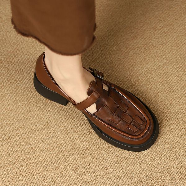 

vintage women mary jane shoes brown black plaid weave flats lady office shoe