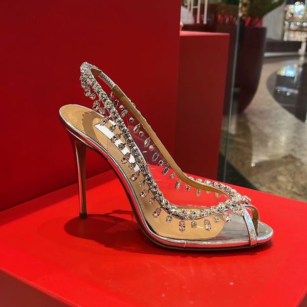 

2023 wedding sandals heeled shoes dress shoe luxury designer satin high crystal-embellished buckle pointed to pcv sandal 10cm dinner 35-42, Black