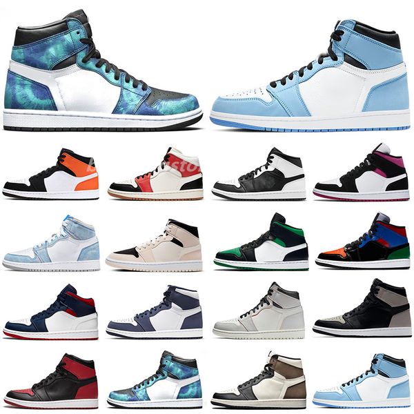 

new jumpman 1 1s high basketball shoes pine green black court purple royal bred toe nc obsidian unc game sneakers trainers 36-47 b0, White;red
