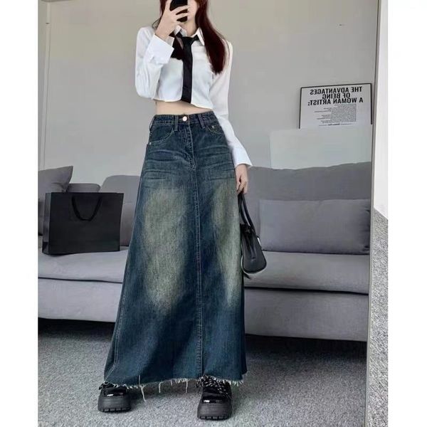

women's jeans japanese vintage gothic cool sister tall retro denim skirt minority a length loose medium length half y2k 230209, Blue