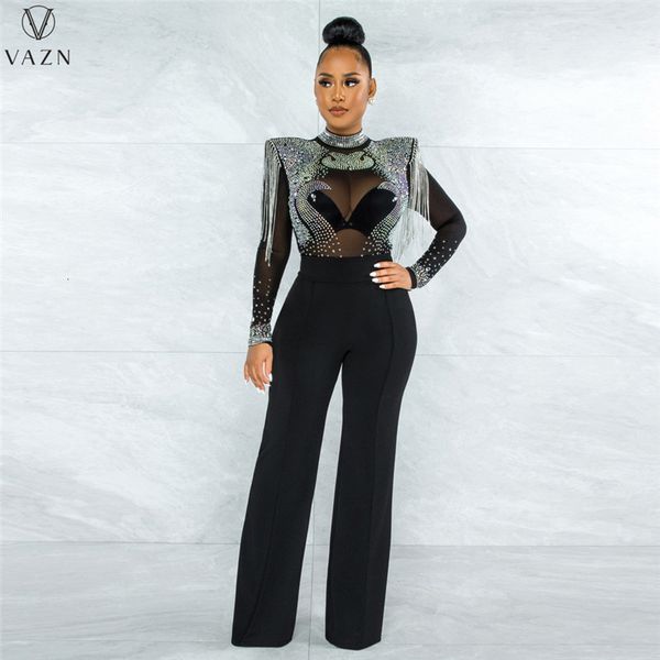 

womens jumpsuits rompers vazn lady fashion high street style jumpsuits long sleeve high collar appliques zipper jumpsuits long pants 230210, Black;white