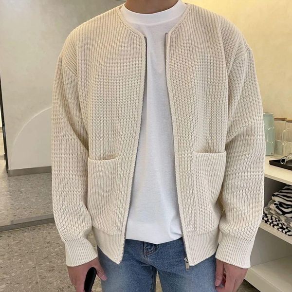 

men's sweaters knitting cardigans mens fashion solid long sleeve zip up crew neck jackets men streetwear coats autumn casual knitted ou, White;black