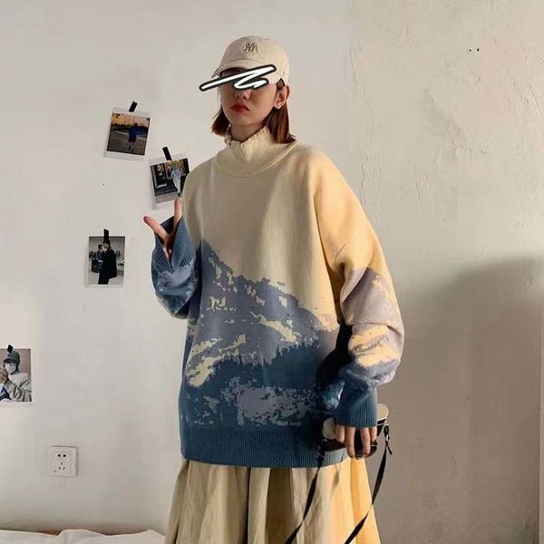 

men's sweaters lazy hong kong style ins snow mountain turtleneck sweater men and women for autumn winter korean version loose outerwear, White;black