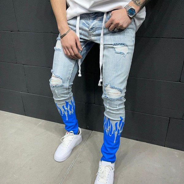 

men's jeans men ripped slim fit trousers fashion flame print distressed fringe pencil homme casual drawstring skinny denim pants 230210, Blue