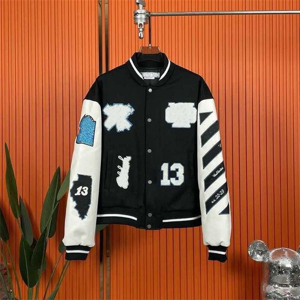 

offs hip hop street baseball wear brand custom men's and women's jackets heavy embroidery wool leather long sleeve splicing coat 8, Black;brown