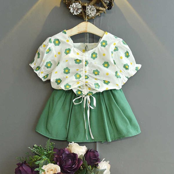 

clothing sets 2023 new baby girls clothes sets flower print drawstring shirt girls summer outfits solid short skirt girls clothing sweet sui, White