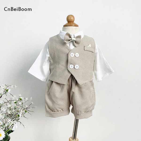 

clothing sets 2023 new baby boys gril suit houndstooth clothes set vest shorts tie bow shirt spring summer kids 1 2 3 4 birthday wedding par, White