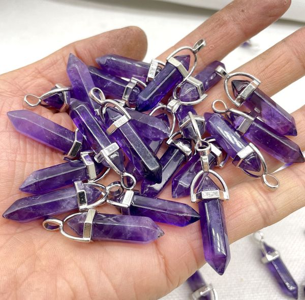 

gemstone natural gem stone quartz crystal amethyst turquoise hexagonal pendulum reiki charm pendants diy jewelry making necklaces 24pcs 2302, Black