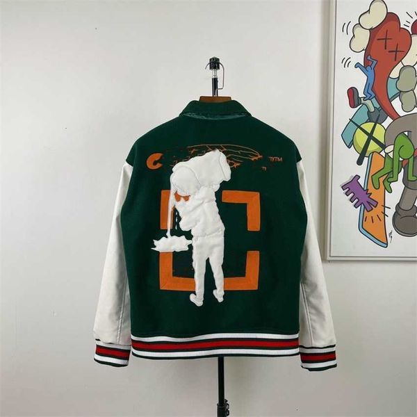 

offs autumn winter br coat male female lovers ow heavy industry embroidered wool spliced leather sleeve bomber baseball, Black;brown