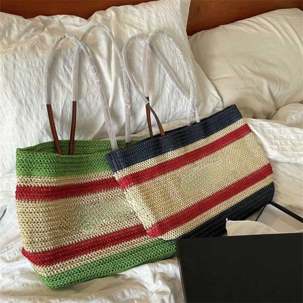 

brand woven beach bag large capacity contrast color shoulder bag, personalized striped woven tote bag