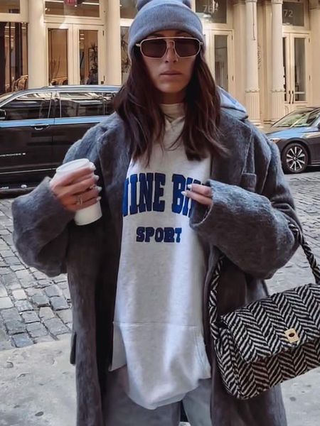 

womens hoodies sweatshirts letter flocking gray woman autumn winter vintage pockets hooded femme fashion streetwear 230210, Black