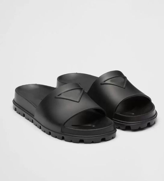 

23s summer streetwear slip on sandals shoes embossed triangle rubber women men slides flats couple men's beach slippers comfort walking, Black