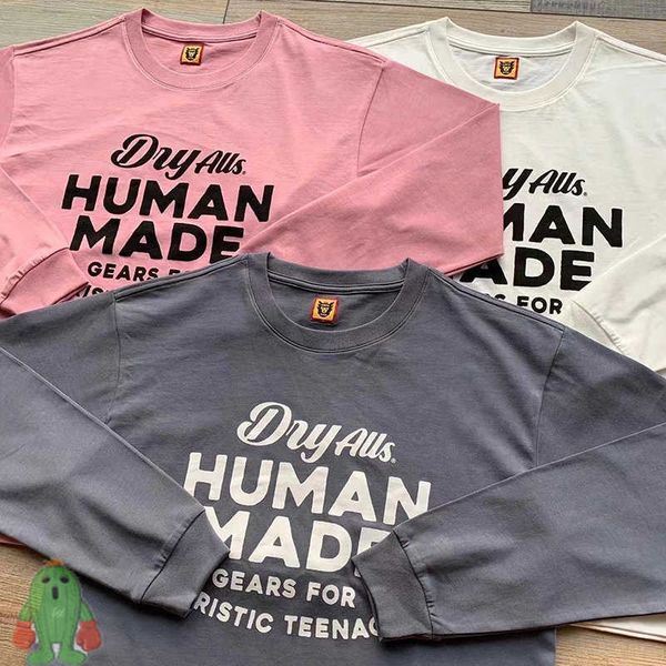 

men's hoodies sweatshirts vintage human made t shirt letter men women couples loose long sleeve pink gray tshirts j230208, Black