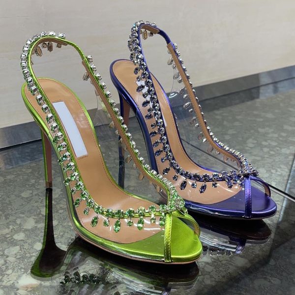

2023 wedding sandals heeled shoes dress shoe luxury designer satin high crystal-embellished buckle pointed to pcv sandal 10cm dinner, Black