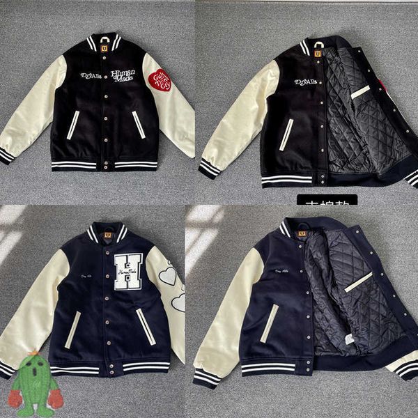 

men's jackets human made cotton liner patchwork leather sleeve baseball jacket warm fall winter couple cardigan jacket j230210, Black;brown