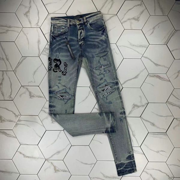 

hm543 mens jeans black cargo pants designer jeans skinny stickers light wash ripped motorcycle rock revival joggers true religions casual el, Blue