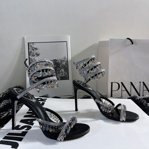 

rene caovilla chandelier rene crystal-embellished sandals leather stiletto heels evening shoes women heeled luxury designers ankle wraparoun, Black