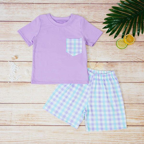 

clothing sets 18t new summer boy set clothes short sleeve purple and shorts 2pcs outfits with colored plaid pocket pure cotton suit wears w2, White