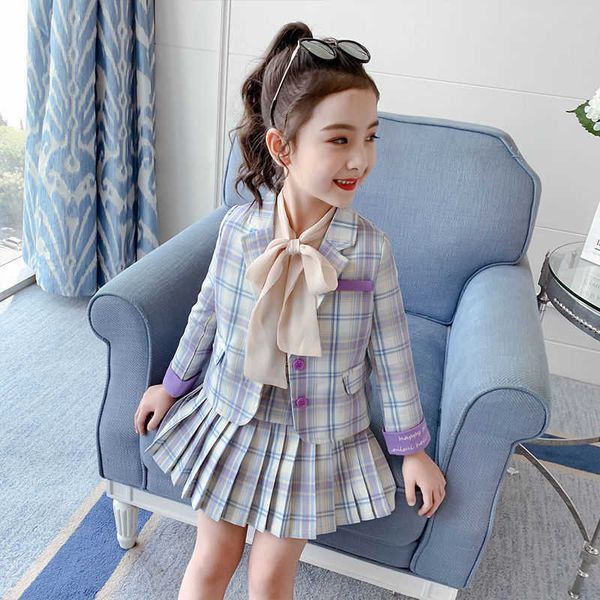 

clothing sets 2023 girls spring and autumn plaid students suit girls plaid pleated skirt and pants options children's fashion formal cl, White