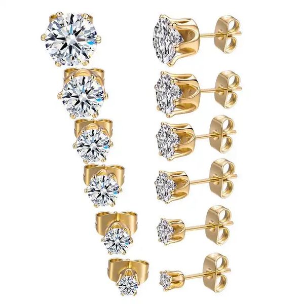 

6 pairs round zircon diamond stud earrings stainless steel minimalist simple stone 3-8mm cz earrings for women men unisex, Golden;silver