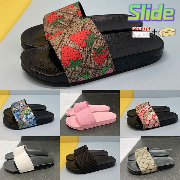 

with box luxury beach slippers web rubber slide men women canvas green flowers interlocking g strawberry print stripe shoes pool slides m mz, Black