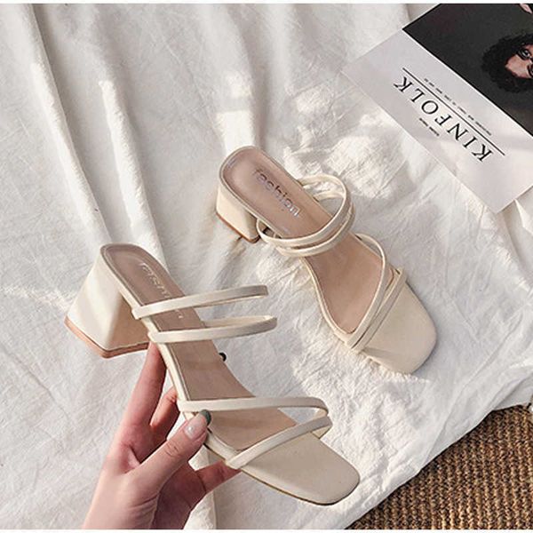 

sandals women sandals ladies square heels elegant summer slippers outside cross tied leather female slides fashion woman sandals t230208, Black