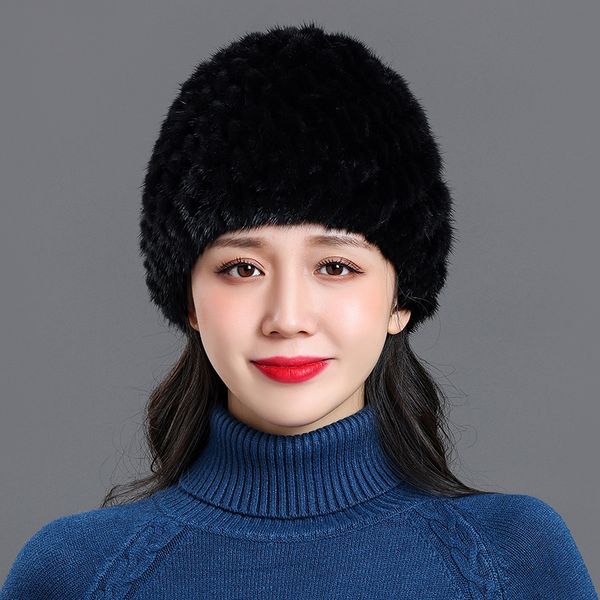 

women's winter warm real mink fur hat knitted elastic beanie snow cap earmuffs, Blue;gray