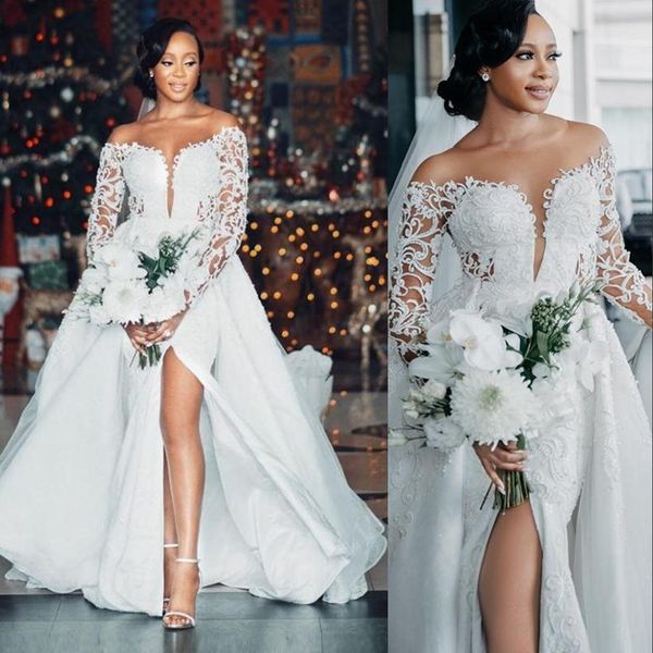 

2023 luxury african a line wedding dress mermaid bridal gowns with detachable train overskirts off the shoulder long sleeves lace appliqued, White