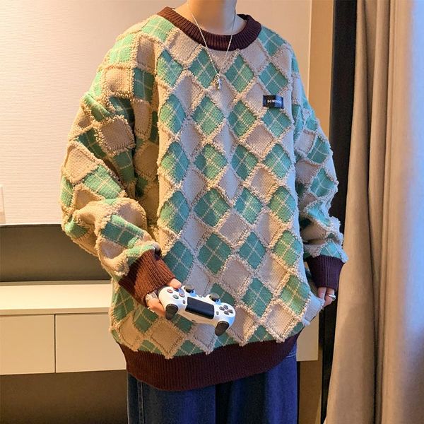 

men's sweaters knitted plaid hong kong vintage oversize long sleeve pullovers men o neck streetwear pull homme sueter masculino fall 23, White;black