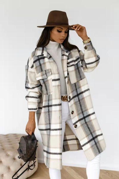 

Cross-border Spring and Autumn New Plaid Brushed Medium and Long Woolen Coat, Dark grey