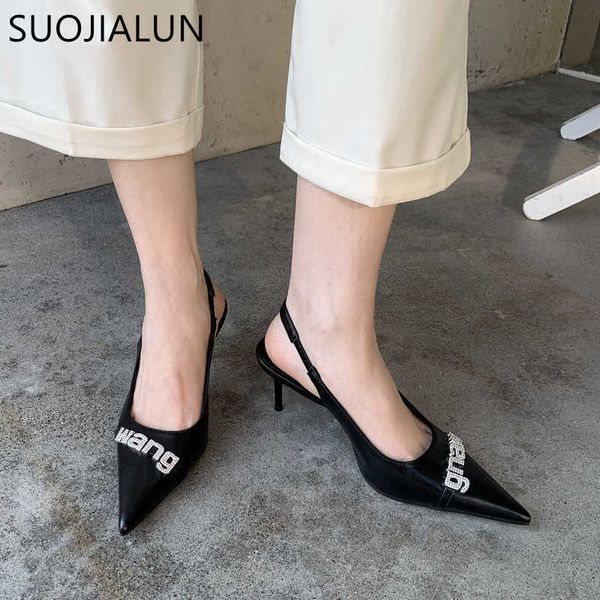 

sandals suojialun 2023 spring new brand women snadal fashion pointed toe shallow slip on ladies slingback sandals thin high heel pumps t2302, Black