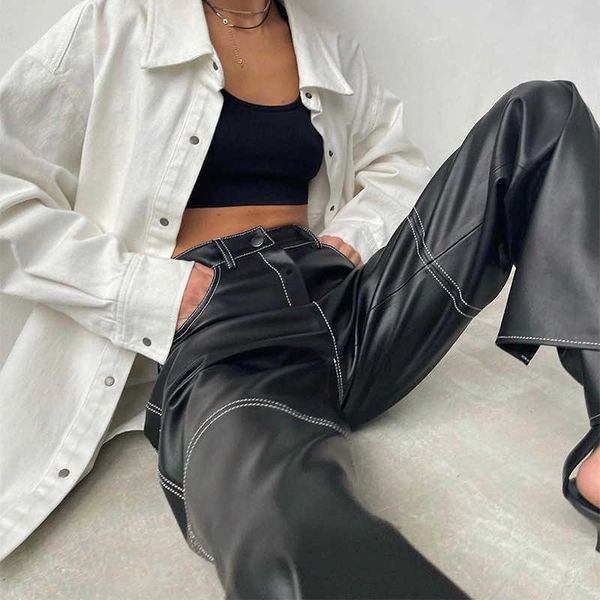 

women's pants capris 2021 autumn new women's trousers pu leather pants women's high waist temperament thin straight casual pa, Black;white