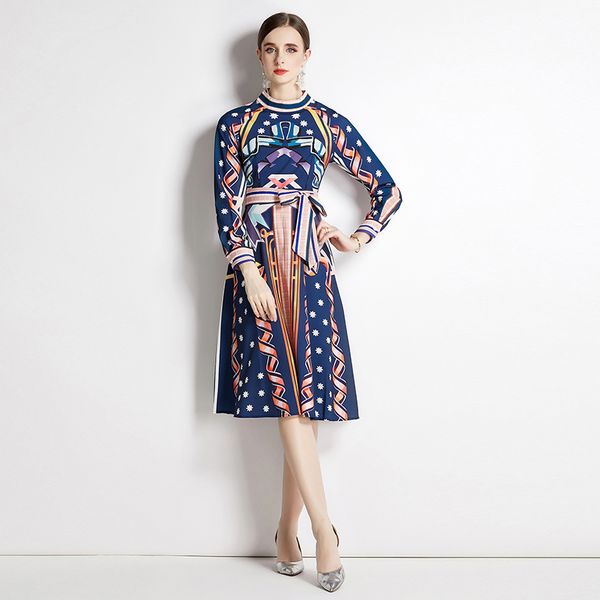 

2023 fashion ribbon bow blue dress long sleeve vacation women fine elegant high waist print designer dresses vacation party ladies o-neck sw, Black;gray