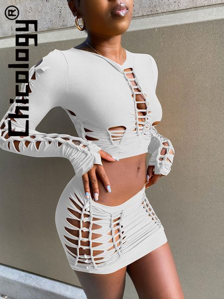 

two piece dress chicology hollow out long sleeve slim 2 skirt sets casual streetwear party club fashion summer autumn women clothes 230210, White