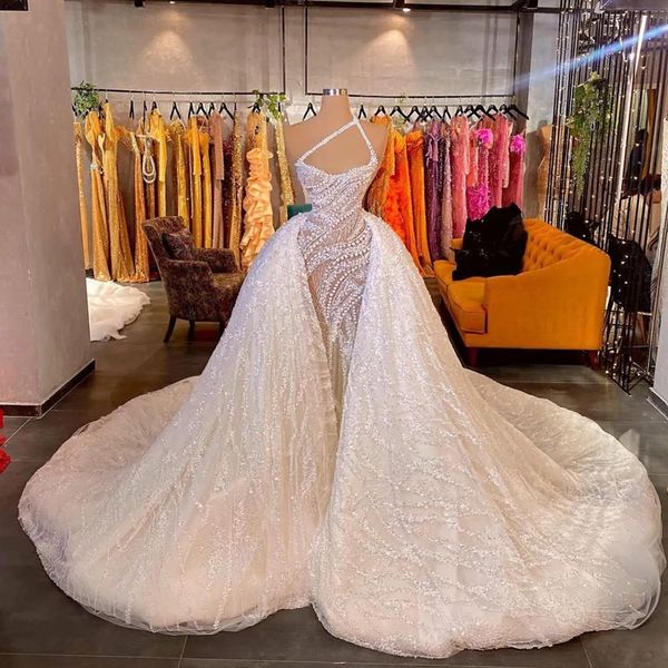 

mermaid wedding dresses sleeveless bateau one shoulder lace appliques sequins beaded detachable train floor length plus size bridal gowns ab, White
