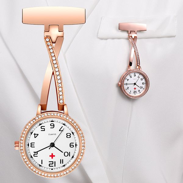 

pocket watches clip-on fob quartz brooch hanging nurse pin watch fashion luxury crystal men women full steel pocket watch relogio clock 2302, Slivery;golden