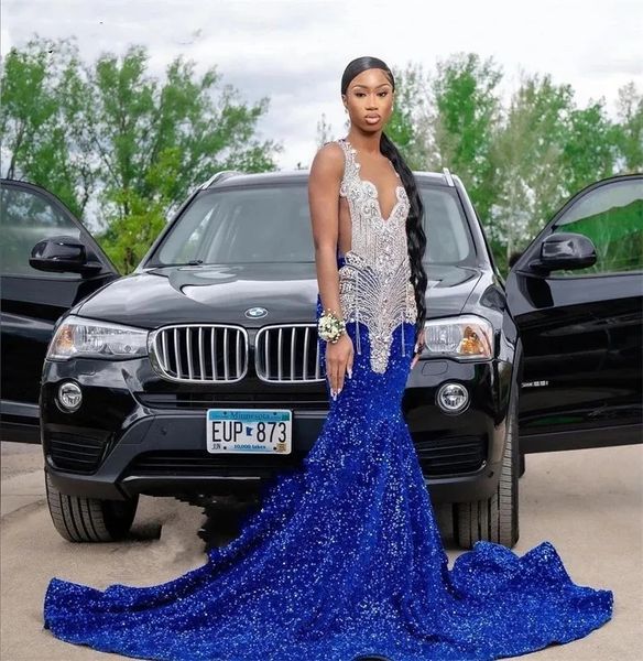 

royal blue long mermaid prom dresses for black girls 2023 beaded crystal evening gowns sequins party gown robe de gw0210