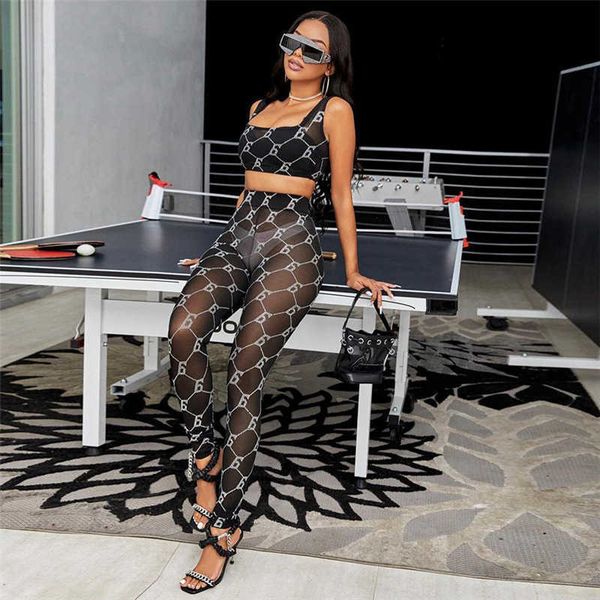 

women's two piece pants wind 2022 spring women's new mesh perspective printing sleeveless tank high waist pants set women t230210, White