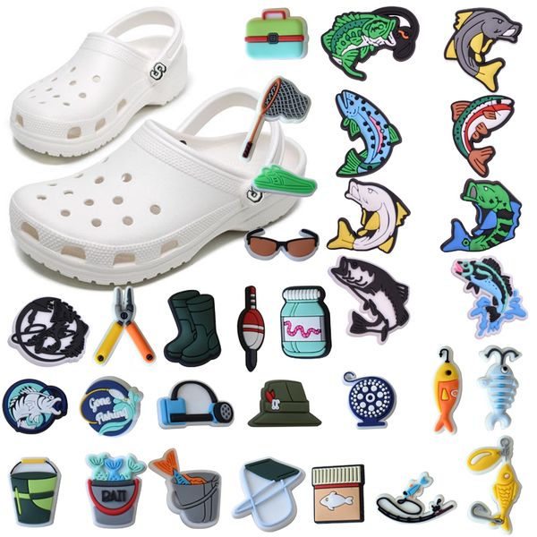 

bag parts accessories 37-pack fishing theme pins croc shoe charms for men pvc ornament cute male pin clog backpack accessories single wholes, Black