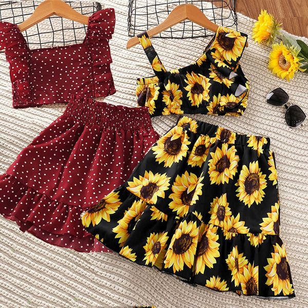 

clothing sets teen girl beach wear suits sling ruffle midriffbaring blouse sunflower skirt summer holiday outfits chiffon floral dress sets, White