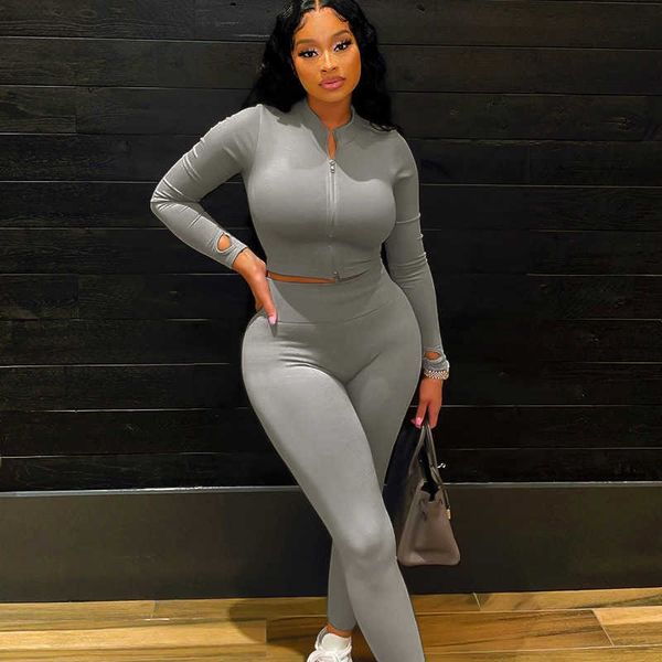 

women's pants capris wind 2021 autumn women's new mock neck zipper long sleeve high waist slim fit tight pants set women t230210, Black;white