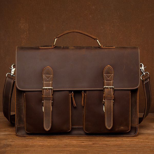 

briefcases vintage handmade crazy horse leather handbag large capacity briefcase for men 15" lapbag work business 230210